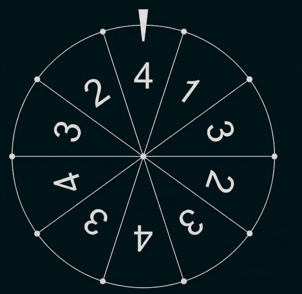 Kreisdiagramm mit Zahlensegmenten und Zeiger oben.